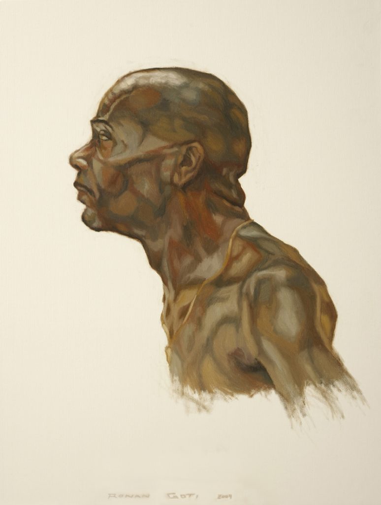 A paint study of the divisions of shape and colour within a man's head, neck, shoulders and chest - Oil on canvas on thick board
